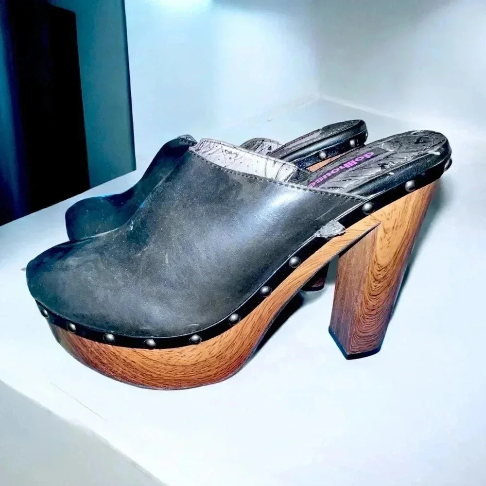 Dollhouse Black Leather Wooden Clogs Sz 10